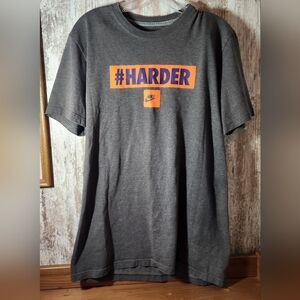 Nike Gray Short Sleeve Tee with Bold Orange Purple Accents "#Harder" Mens M